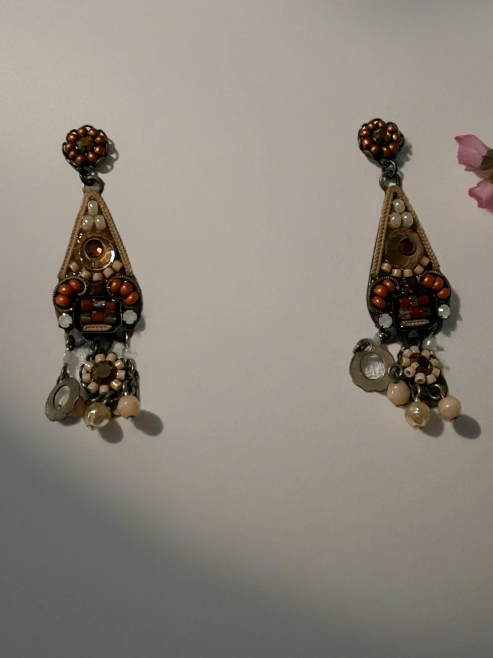 Ayala Bar Brown Dangle Earrings Mosaic and Rhinestone Earth Tones Boho Artisan - Picture 4 of 6